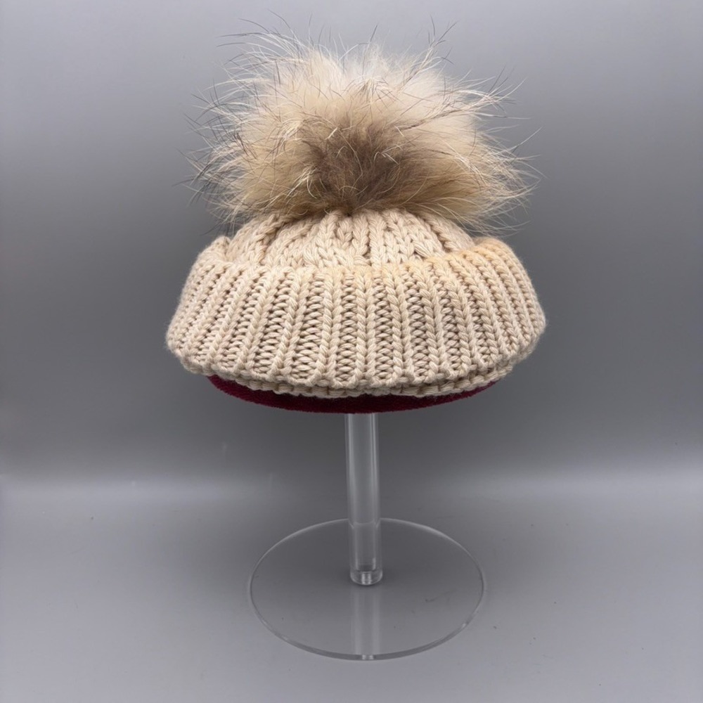 Frost Beanie Womens OS Beige Chunky Knit Faux Fur Pom Pom Winter Ski Hat Poland